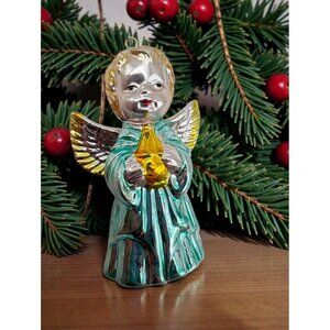 Shiny Silver Tone Angel Christmas Ornament Vintage Gold Blue Accents